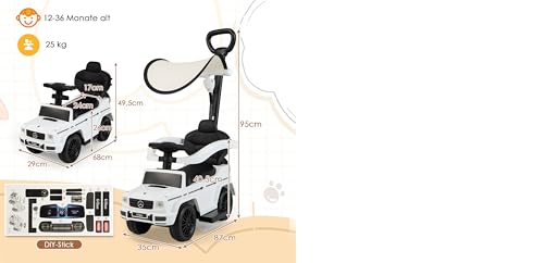 DREAMADE 3-in-1 lizenzierter Mercedes-Benz Rutschauto, Schiebewagen mit Schiebegriff, verstellbarem Verdeck & Hupe, Rutscherfahrzeug für Jungen & Mädchen ab 12 Monaten, bis 25kg (Weiß) – Bild 6