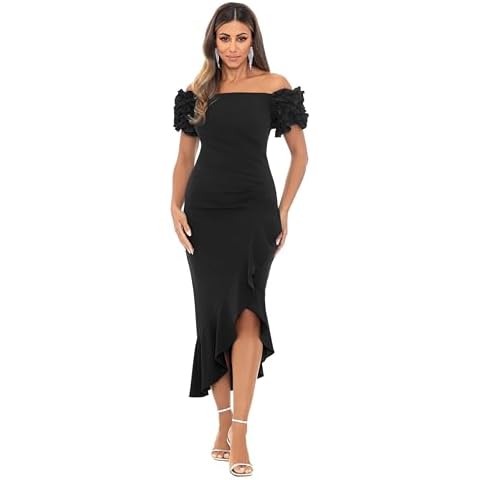 Xscape Women's Off The Shoulder Ruffle Sleeve Midi Wedding Guest Cocktail Dress, Black, 10 Cover