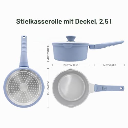 Keramik Stielkasserolle 20 cm mit Deckel, 2.5L Antihaft- Blau-grau – Ansicht 6