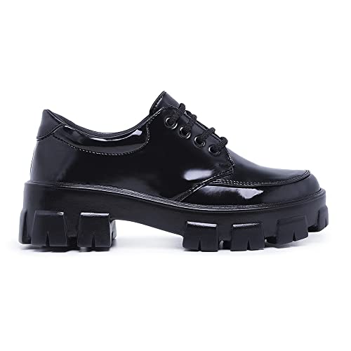 Sapato Feminino Oxford Plataforma Tratorado Verniz Salto Conforto