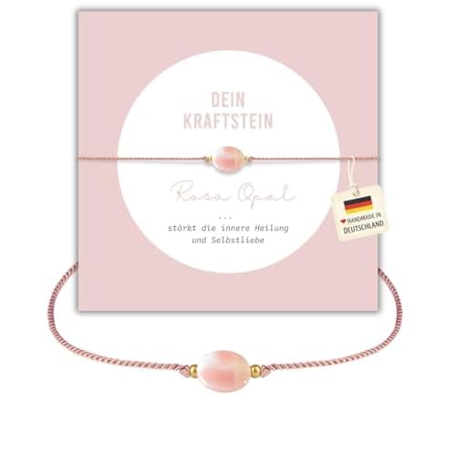 happymaker - Rosa Opal Armband Damen, echtes Edelstein Armband mit vergoldeten Perlen, Kraft Armband mit Geschenkverpackung, Opal Schmuck für Frauen, handgemacht in Deutschland