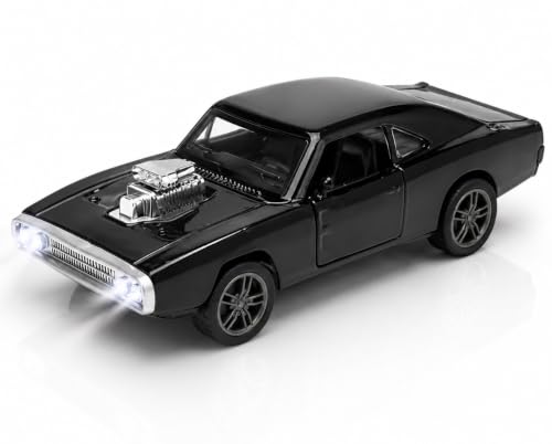 Image of 1970 Fast and Furious Die-Cast Toy Car for Kids - 1:36 Scale Pull Back Metal Model Car with Openable Doors, LED Lights & Music | Vintage Muscle Car Collectible Toy (Black)