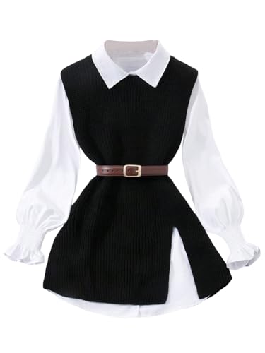 GORGLITTER Pullunder Damen Elegant Westen Rundhals Casualweste mit Schlitz Ärmellos Pullover Oberteil Langwesten Strickweste Schwarz M