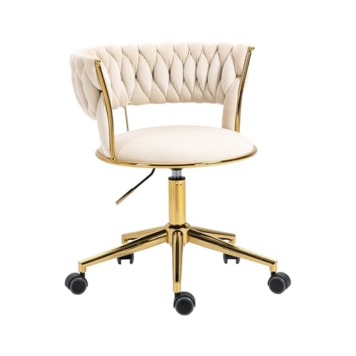 Moderna silla de oficina giratoria de terciopelo con rotación de 360°, diseño ergonómico, respaldo tapizado de altura ajustable y sillón casual para oficina en casa (marfil)