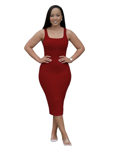 Image of TOPSRANI Women Sexy Midi Dress Bodycon Casual Sleeveless Basic Ruched Tank Summer Club Party Dresses