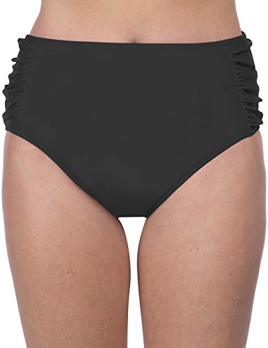 Ocean Avenue Women's Solid Side Shirred High Waist Bikini Bottom, Black, Medium
