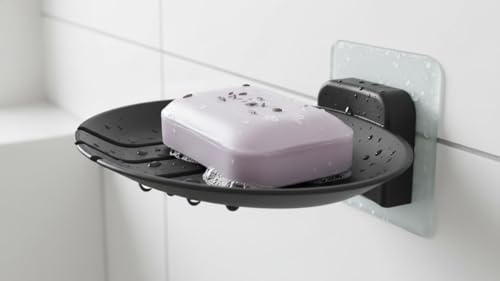 Image of KROYWEN 2Pcs Plastic Wall Mounted Soap Dish Adhesive Sponge Holder No-Drilling Soap Holder Stand for Shower, Bathroom and Kitchen (Black Soap Dish, 2)