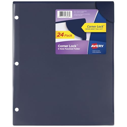 Avery Corner Lock Binder Pockets for 3 Ring Binders, Navy Blue with Clear Front, for 8.5" x 11" Documents, Acid-Free and Archival-Safe, Binder Folders (24-Pack of 47838)