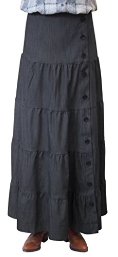 BABY O Women's Long Ankle Length Tiered Denim Prairie Skirt (Dark Blue Denim - Large)