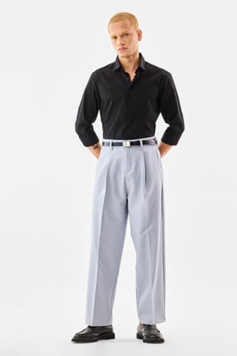 Image of SNITCH Men Casual Wear Chinos | Baggy Fit Wide-Leg Solid Trousers | Stretchable Cotton Blend Pants for Summer Outings