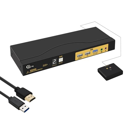 CKLau 2x1 8K@60Hz 4K@144Hz KVM HDMI Switch with Audio and Cables Support Hotkey Switching, Emulation EDID, 5.1 Channel Digital Fiber Optical Audio, 7.1 Surround Sound Audio Output