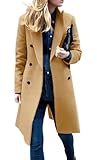 chouyatou Women's Basic Designed Notch Lapel Double Breasted Mid-Long Wool Pea Coat (Large, Camel)