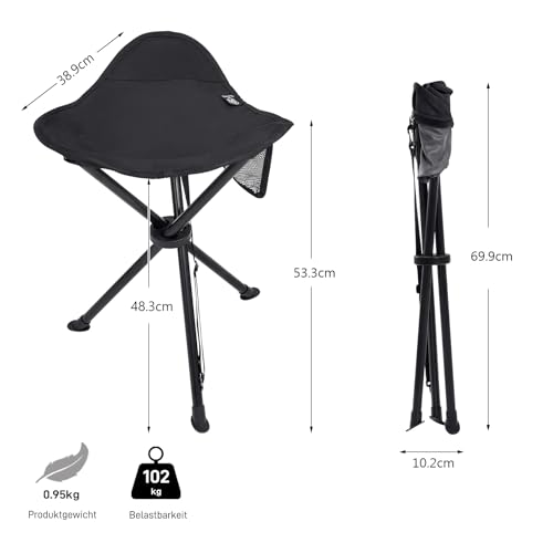 EVER ADVANCED Klapphocker Faltbar Dreibeinhocker Ultraleicht, Campinghocker 53.3cm Hoch 102KG Belastbar mit Seitentasche, Tragbarer Angelhocker Klappbar für Camping Jagd Wandern Angeln