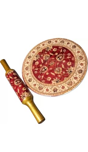 Image of Modern Floral Design Marble Chakla Wooden Belan | Printed 10 Inch Enamel Roti Maker with Belan | Heavy Duty Non-Slip Chakla for Roti, Chapati, Paratha |Kitchen Rolling Board (1 Set) (2.RED Gold)