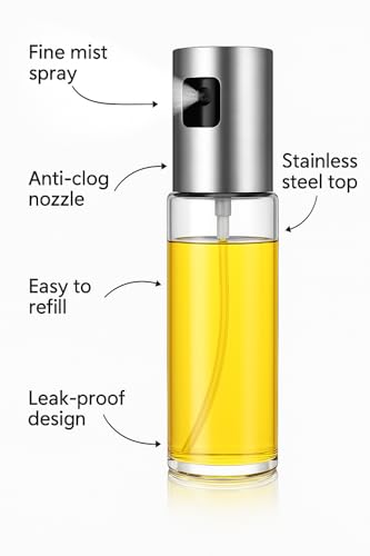 Image of Oil Sprayer for Cooking, Olive Oil Sprayer Bottle for Kitchen, BBQ, Air Fryer & Salad - Fine Mist Glass Spray Dispenser for Oil & Vinegar - Refillable Stainless Steel Top (Oil-Bottle-01)