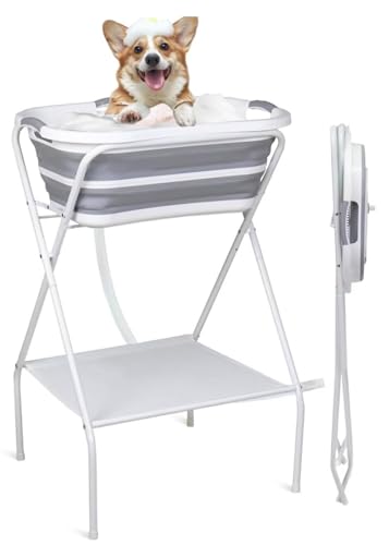 TUIYIDUO 犬 バスタブ ペット用バスタブ 折りたたみ スタンド付き 猫犬浴槽 大容量 猫犬お風呂用 ポータブルバスタブ 内外に適用 排水プラグが付く (グレー)