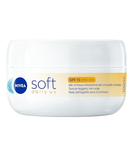 NIVEA Soft Daily UV SPF15 100 ml, Crema idratante corpo, viso e mani per 48 ore di fresca idratazione, Crema multiuso con Vitamina E, Olio di Jojoba e protezione solare SPF 15 UVA + UVB