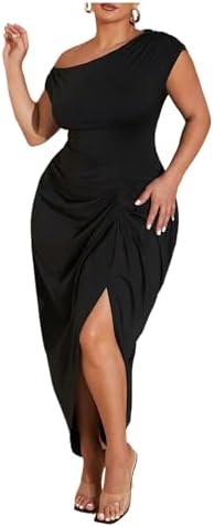 Floerns Women's Plus Size Asymmetrical Neck Long Dress Ruched Sli...