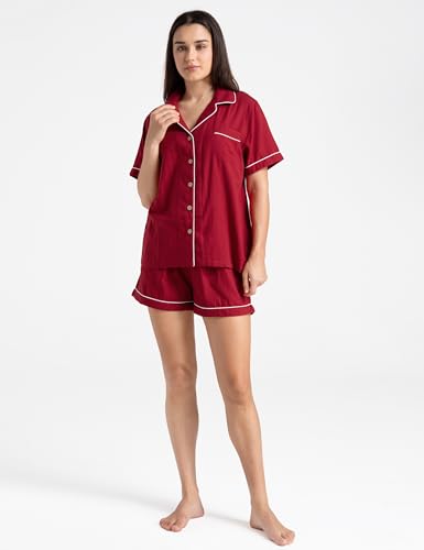 Image of Womens Muslin Pajama Sets 100% Cotton Double Gauze Linen Like Short | Breathable Soft Comfort Button Up Loungewear Sleepwear PJ Set