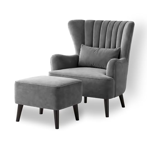Image of Modern Velvet Wingback Accent Chair with Ottoman & Cushion for Living Room | Premium Upholstered Lounge Chair with Footrest |Grey