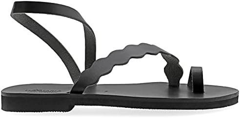 Size 9 Black Emmanuela Ancient Greek Style Sandals, Handmade Leather Toe Ring Flat Sandals, Quality Sandals with Ankle Strap, Ankle Cuff Summer Shoes for Women, Boho Chic Sandals | Image 2