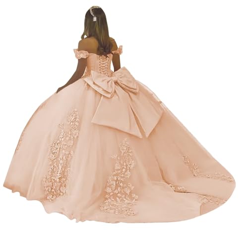 Lace Appliques Quinceanera Dresses Ball Gown Puffy Off Shoulder Prom Dresses with Bow Beaded Sweet 16 Dress