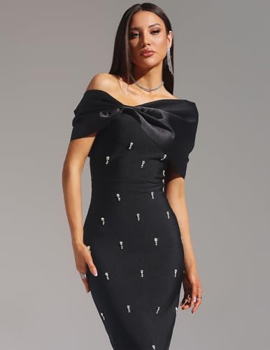 BELLA BARNETT Sleeveless One Shoulder Diamond Bow Bandage Dress Maxi Rhinestone Evening Formal Party Dress4