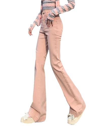 Jeans pantalon femme rose denim trousers à patte style vintage années 70 ANEL02