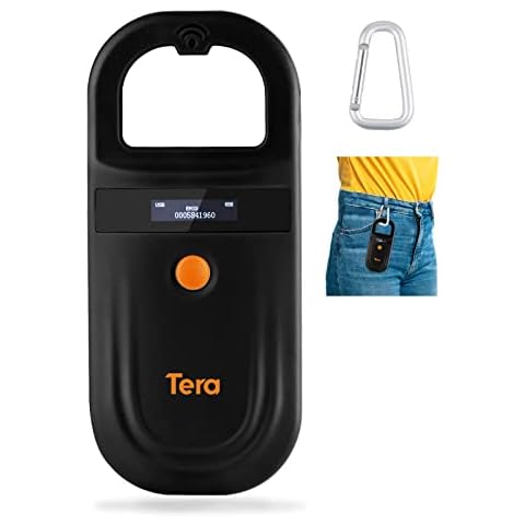 Tera Pet Microchip Reader Scanner mit D-Buckle, RFID Tragbarer Tierchip ID Scanner mit OLED Display Wiederaufladbarer Pet Tag Scanner für Hund Katze Schwein für ISO 11784/11785, FDX-B, EMID,Schwarz Cover