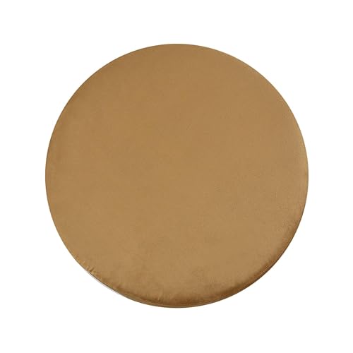 Image of Living Room Round Wooden Velvet Ottoman with Footrest and Linen Fabric Padded Seat Pouffe Ottoman with Round Shape and Office Stool- Beige