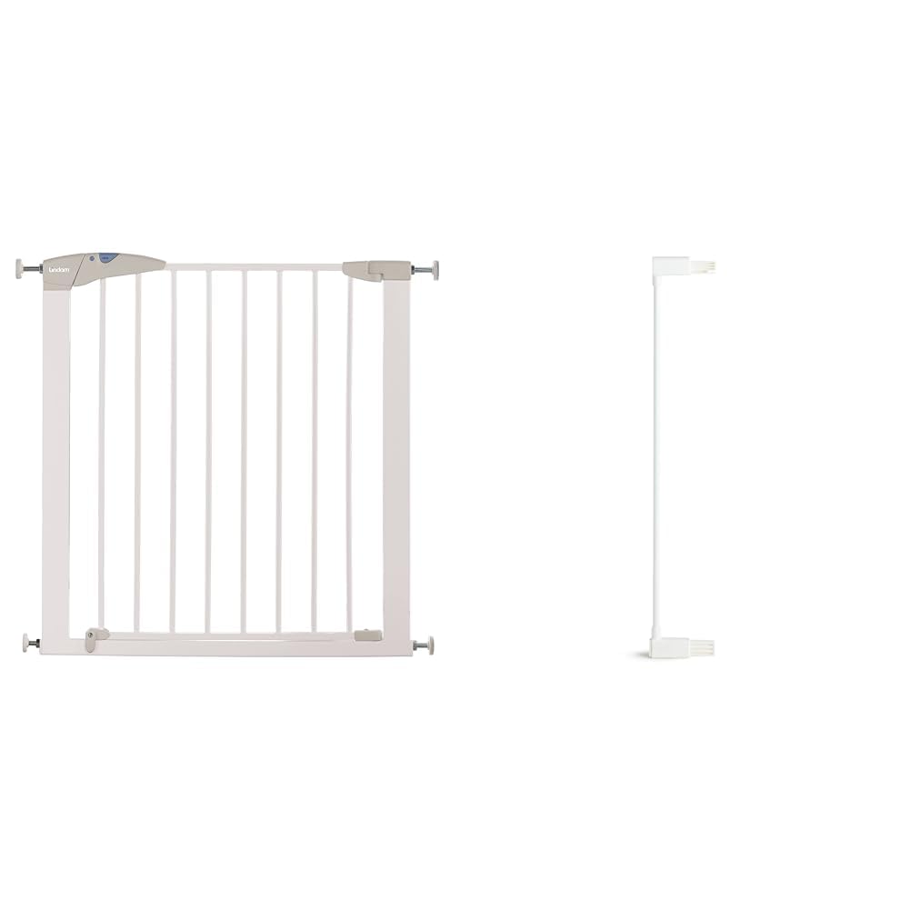 Munchkin Lindam Valla de Seguridad Infantil, Barrera de Escalera para Bebés y Niños Pequeños, Valla de Montaje Fácil sin Tornillos, Valla Metálica, 76-82 cm, Blanco + 7cm Extensión