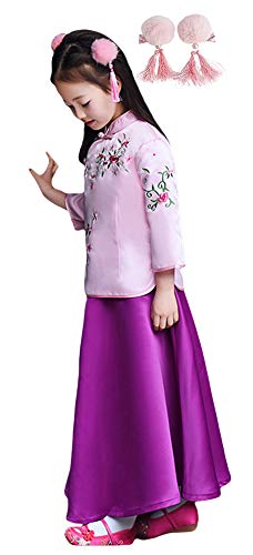 Image of CRB Fashion Chinese Qipao Kids Girls Top Shirt Skirt Dress Clothing Hair Clips Outfit 4 PIECE SET (Pink Purple, 7 to 8 Years)