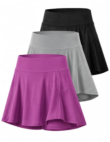 3-Pack Girls’ Athletic Skorts with Built-in Shorts & Adjustable Waist, Youth Skirts Tennis, Golf, Cheer, School (Set 8, Youth Medium)