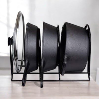 Image of Black Iron 5-Slot Pan, Pot & Tawa Rack - Countertop Cookware Organizer with Pot Lid Holder | Space-Saving Kitchen Stand (12 x 7.5 x 8.5 Inches) sheet