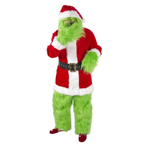 Didabon Grinch-kostym vuxen jul jultomte kostym för kvinnor män, set i 7 delar grön jultomte mask Grinchen onesie outfit lurvig jul cosplay lurviga kostymer