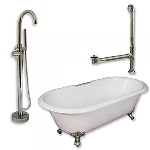 Cast Iron Double Ended Clawfoot Tub 67" X 30" With No Faucet Drillings And Complete Brushed Nickel Modern Freestanding Tub Filler With Hand Held Shower Assembly Plumbing Package #TOP23