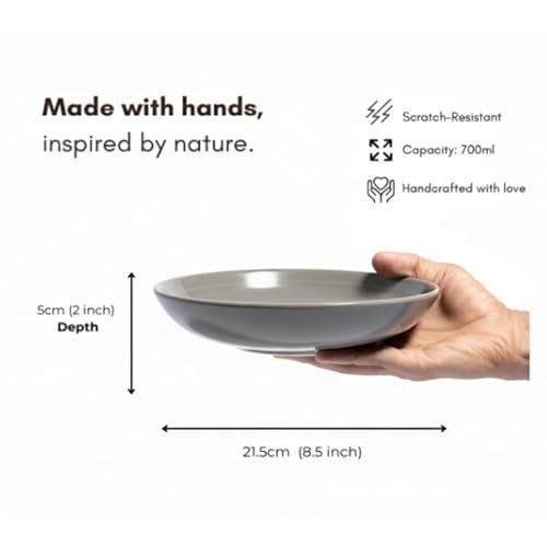 Image of Beyond Homes Handcrafted Ceramic Pasta Bowl Set of 2, 650 ml Each, 21 cm Deep Pasta Plates | Ceramic Serving Bowl for Pasta Salad Soup Noodles & Curry | Microwave & Dishwasher Safe, Light Grey