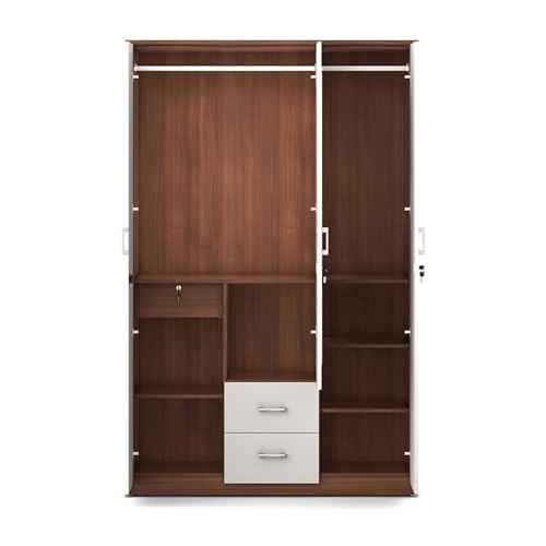 Image of AAVATAR 3 Door Wooden Wardrobe with Mirror & Drawers | White & Walnut Finish Almirah for Bedroom | Engineered Wood Cupboard with Lockable Doors, Spacious Storage Shelves (75 x 44 x 19 Inch)