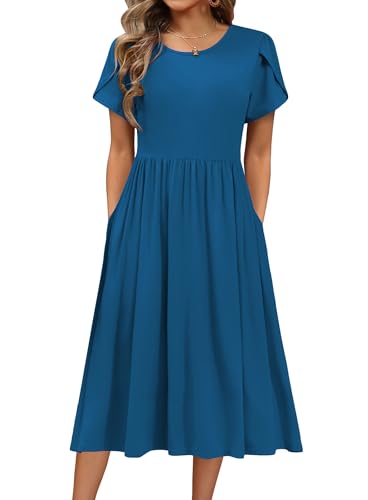 Image of HOTOUCH Women's Summer A-Line Midi Dresses 2026 Casual Floral Short Sleeve T-Shirt Dress Flowy Beach Sundress with Pockets