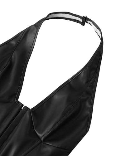Image of Women's Y2K Leather Halter Top Backless Corset Bustier Top Lace Up Sexy Going Out Crop Tank Halter Neck Party Club