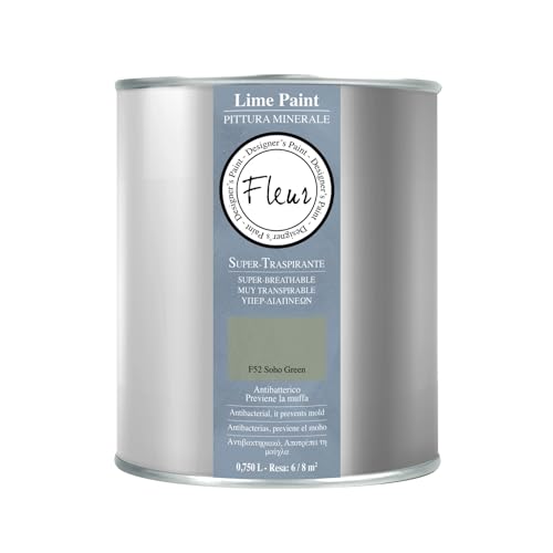 FLEUR DESIGNER'S PAINT | Peinture à la chaux antibactérienne, respirante et désinfectante, couleur Soho Green, à base de pure graisse de chaux, effet naturel, fabriquée en Italie, 0,75 litres
