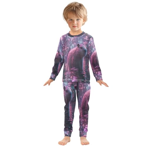 Pajama Sets Long Sleeve Cute Neon Capybaras Soft Comfy Sleepwear 2 Piece PJS 3-8T2