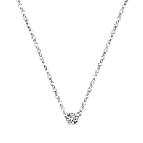 Hoisy Colgantes de Oro Blanco Mujer de 9 K, Redondo Solitario con Moissanita de 0,1ct, Collares de Mujer de Plata
