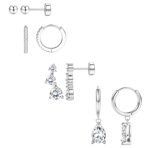 BESTEEL Small Hoop Earrings for Women - Hypoallergenic Surgical Steel Flat Back Earring Stacks Set Dangle Huggie Stud Cartilage Jewelry Trendy 4 Pairs