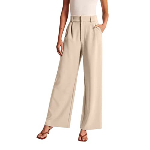 Generisch Pantalones de tela para mujer, pantalones de traje, elegantes, holgados, pantalones de verano rectos con bolsillos, cintura alta, cómodos, informales, ligeros y elásticos, marrón, XXXXL