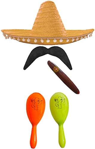 MEXICAN FANCY DRESS ACCESSORY SET. MEXICAN SOMBRERO + MARACAS + TASH. PERFECT FOR MEXICAN FANCY DRESS COSTUMES SENORITA BANDIT MARIACHI (BLACK POM POM SOMBRERO + GREEN AND RED MARACAS)
