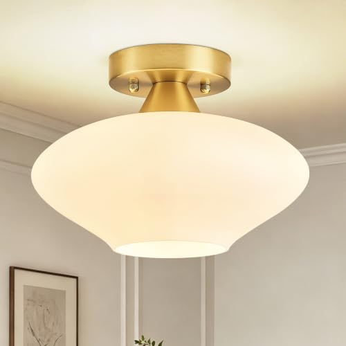 JZEKVN Brushed Gold Metal Ceiling Light, 10.63 in Milky White Glass Shade