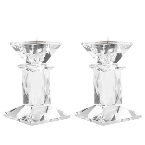DONOUCLS Crystal Candle Holders Pack of 2 Clear Crystal Taper Candlesticks Holders Table Centerpiece Home Decor for Wedding Dining Party(4.9in Tall)