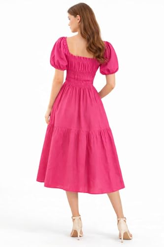 Image of BOOSTY Women's Puff Sleeve Smocked Midi Dress, Square Neck A-Line Dress