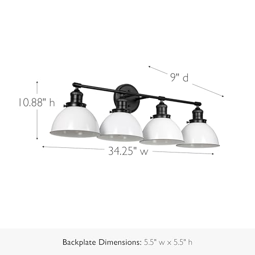 Image of Design House Savannah Rustic Farmhouse 4-Light Bathroom Vanity Light, Dimmable, Matte Black, White Metal Shade, 34.25 in x 9 in x 10.88 in, 589051-BLK | Dimmable, Wall Mount, Modern Farmhouse, Steel, Lighting, 589051-BLK